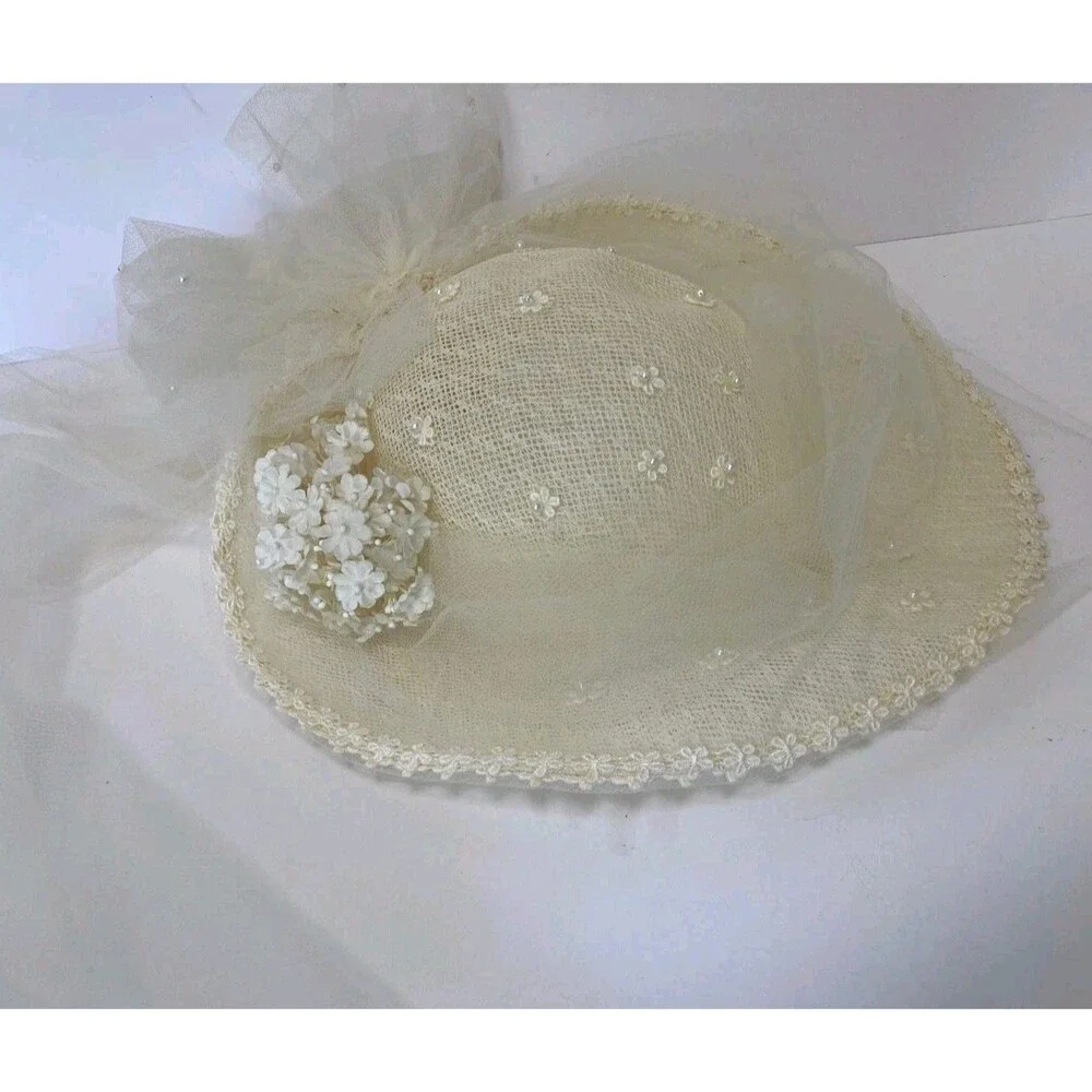 VTG Womens Hat Ivory Bridal Church Birdcage Veil Bow Floral Accent
